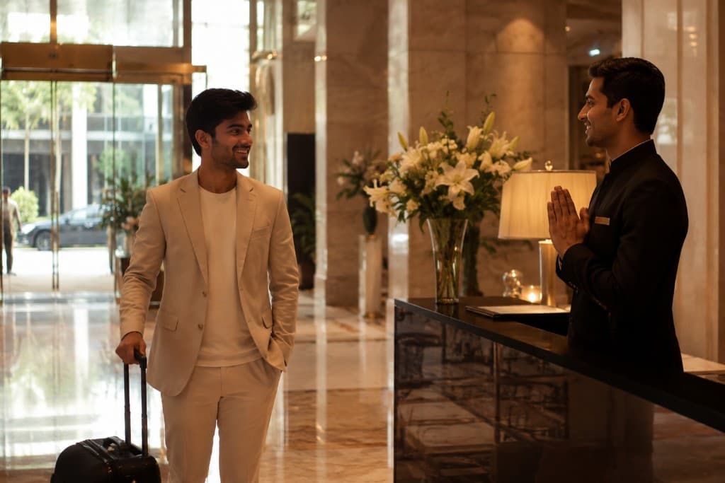 Guest welcomed at a hotel lobby reception